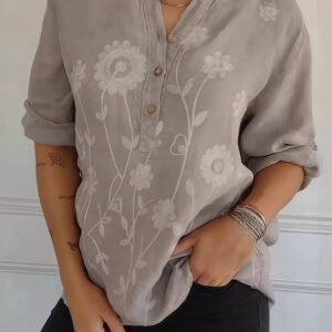 Full Size Plus Size Embroidered Blouse with Floral Button Detail