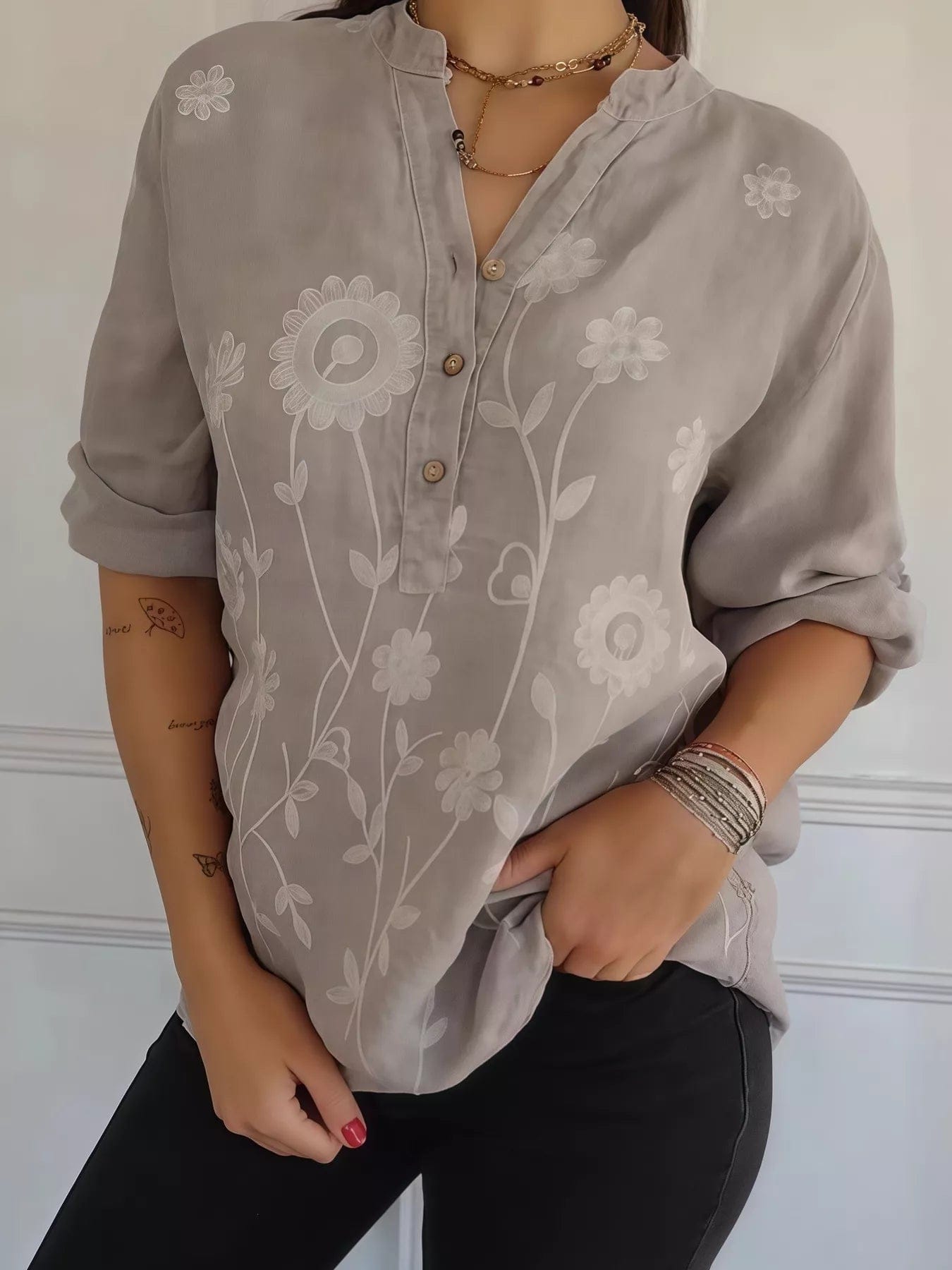 Full Size Plus Size Embroidered Blouse with Floral Button Detail