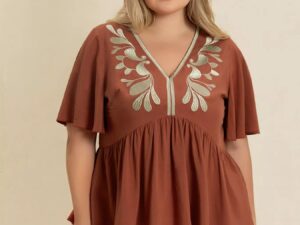 Plus Size Embroidered Blouse with V-Neck and Flutter Sleeves