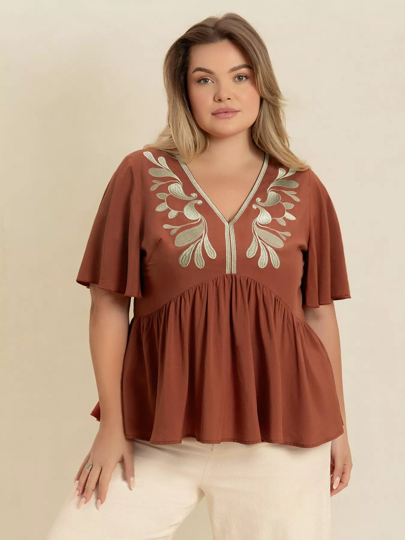 Plus Size Embroidered Blouse with V-Neck and Flutter Sleeves