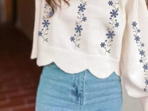 Floral Embroidered Cropped Sweater with Scallop Hem