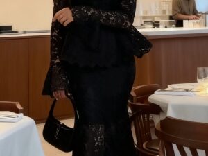 Glamorous Black Lace Peplum Top Set with Midi Skirt