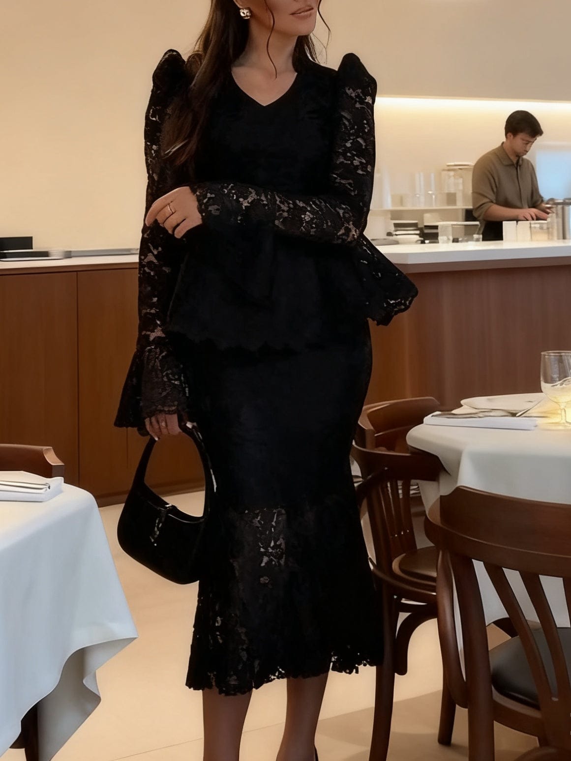 Glamorous Black Lace Peplum Top Set with Midi Skirt
