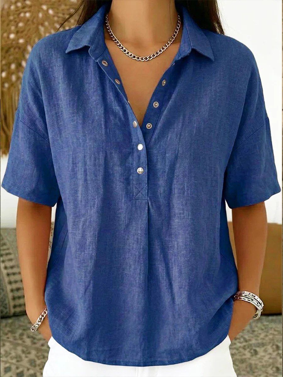 Women’s Elegant Short Sleeve Patchwork Shirt – Solid Color Polyester Blouse - Image 10