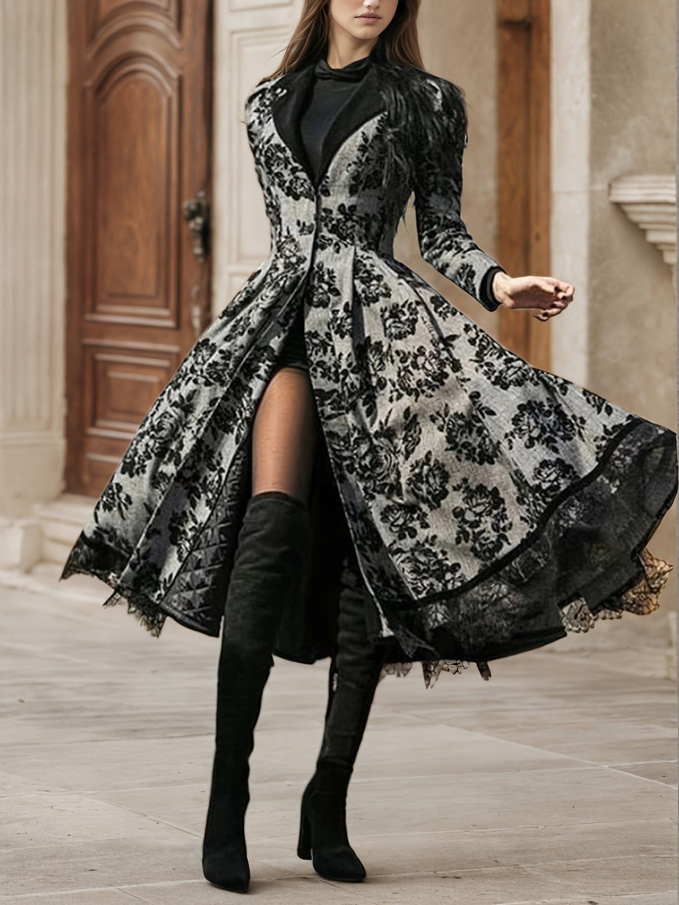 Black Floral Coat Dress - Luxurious Evening Wear for Timeless Elegance - Image 5
