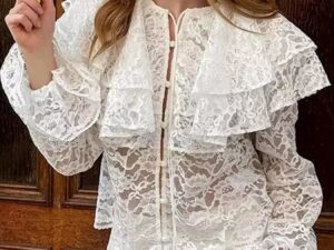 Women’s Lace Layered Blouse | Buttoned Frill Elegant Top