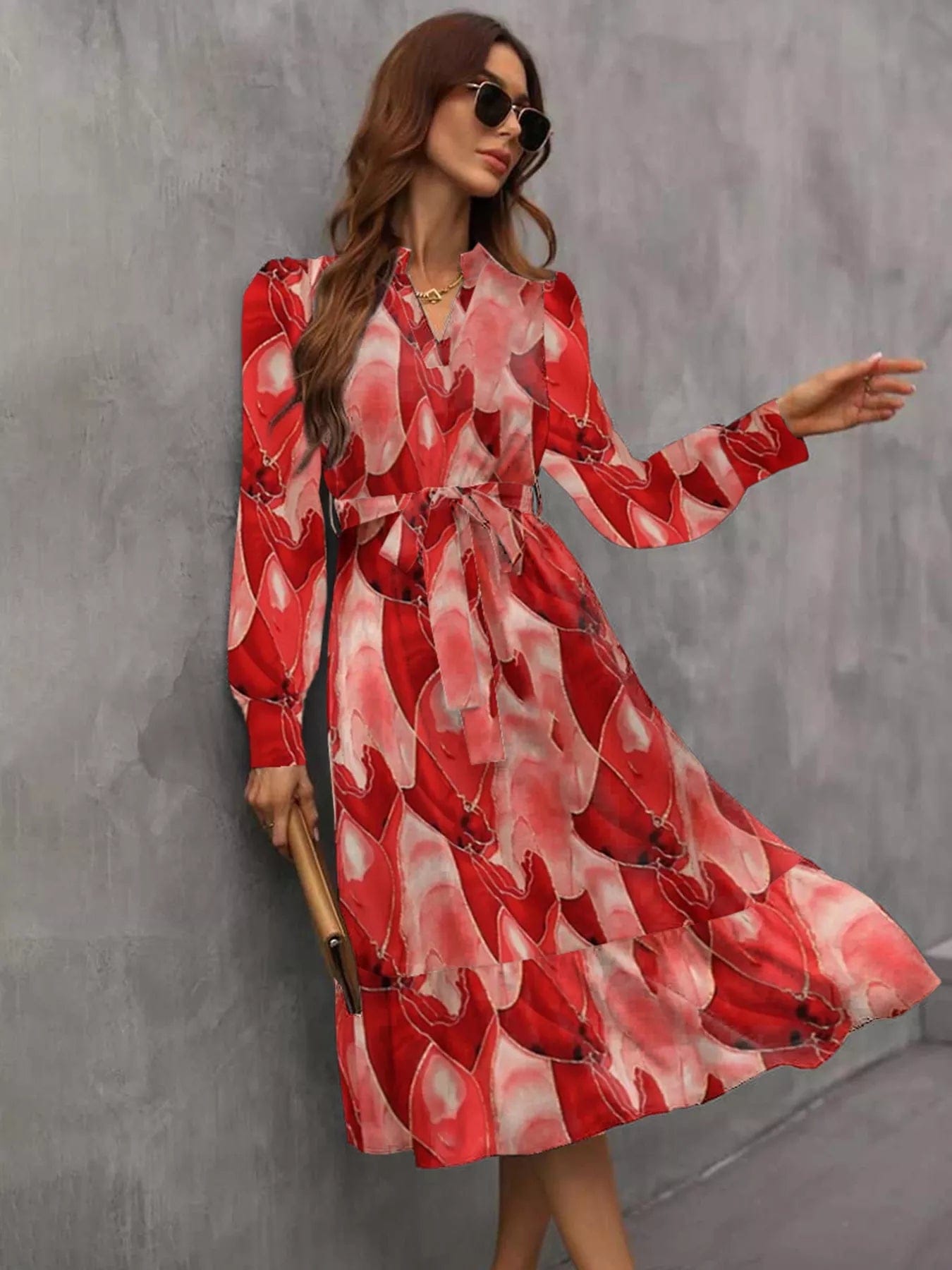 Notched Tie Waist Dress with Long Sleeves - Image 2