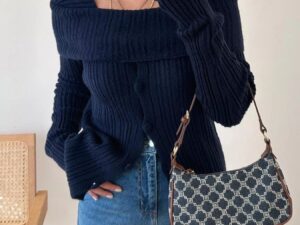 Textured Long Sleeve Knit Top with Slit Front
