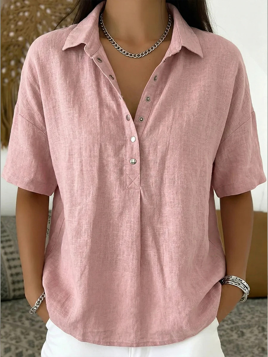 Women’s Elegant Short Sleeve Patchwork Shirt – Solid Color Polyester Blouse - Image 3
