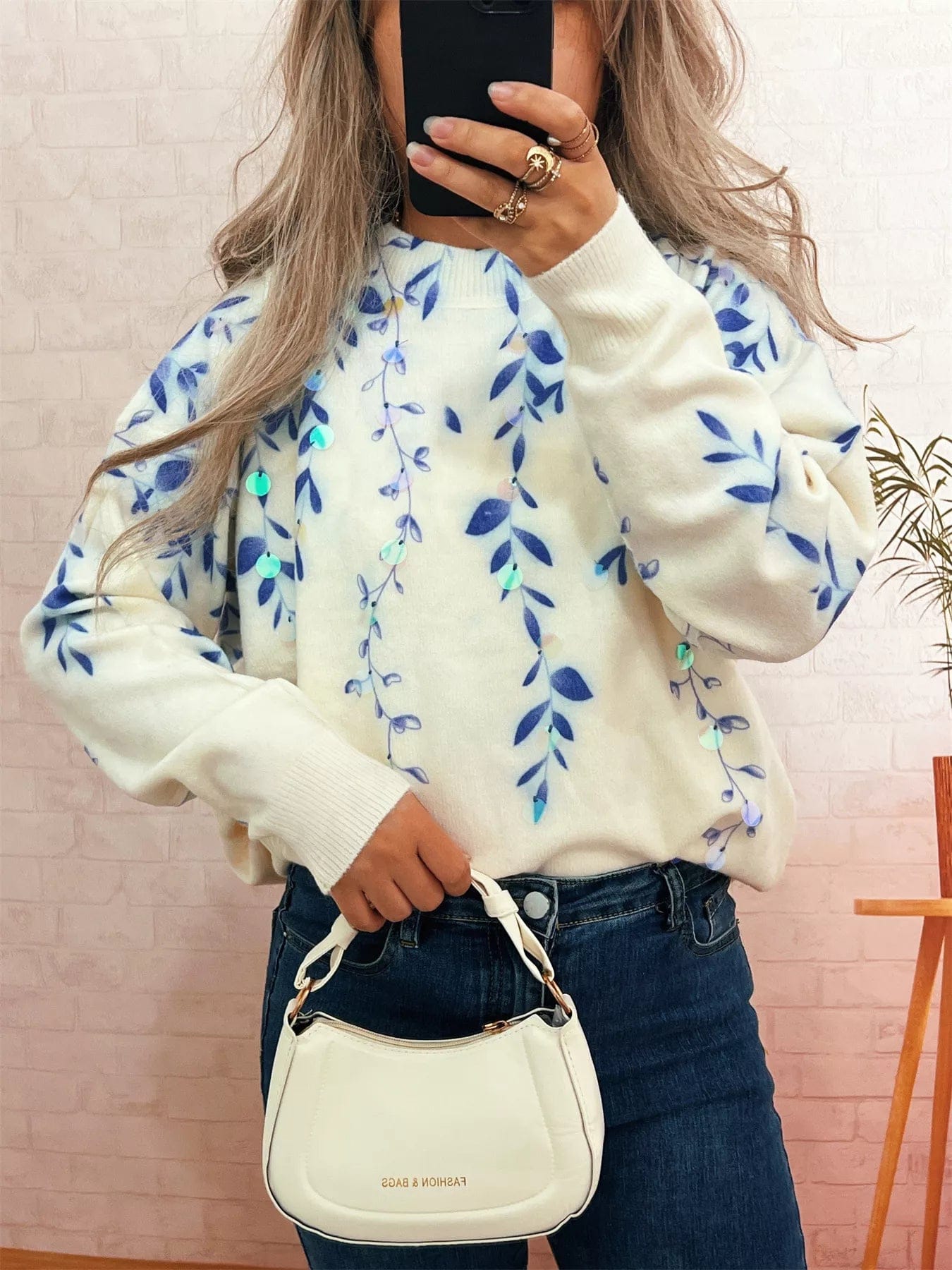 Sequin Long Sleeve Sweater with Crew Neck Design