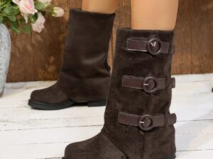 Vintage Suede Belt Buckle Boots for Stylish Elegance