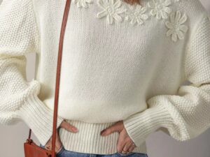 Flower Detail Puff Sleeve Sweater with Contrast Textured Round Neck