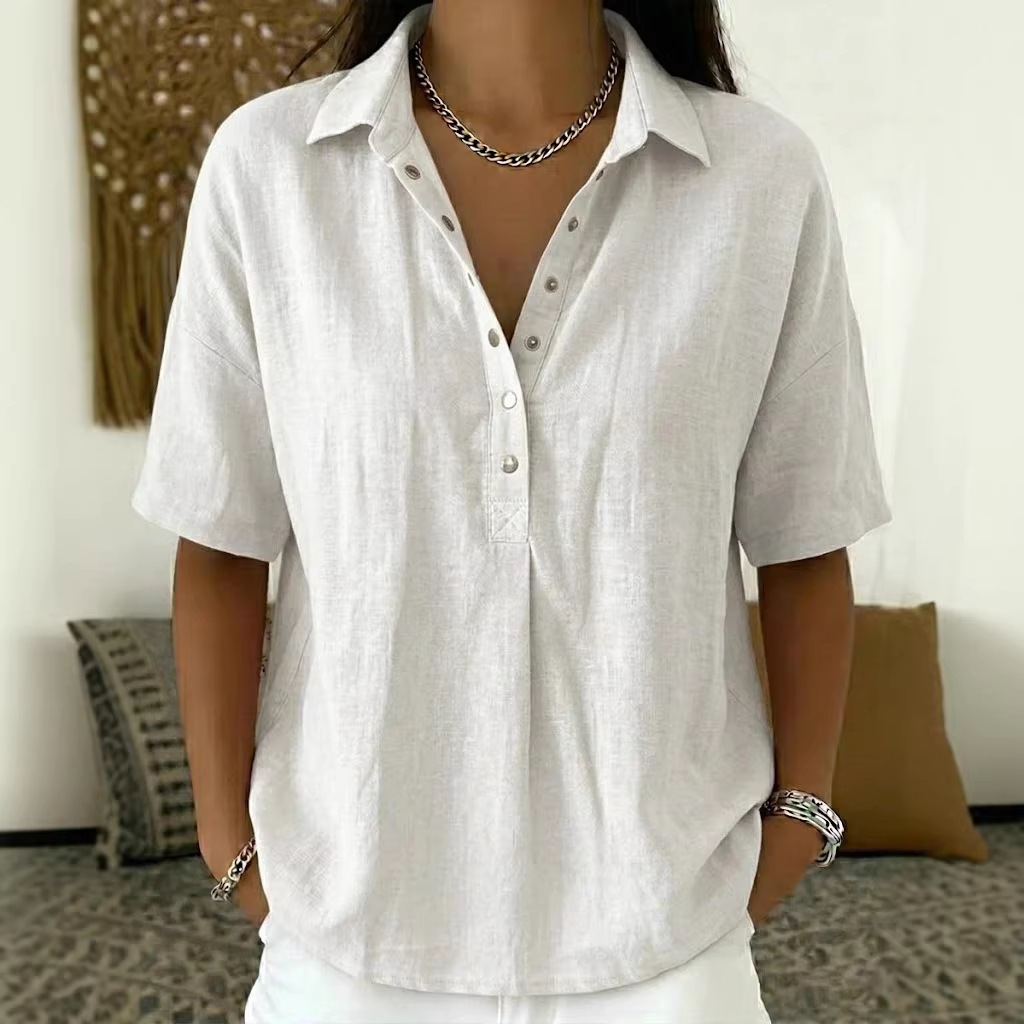 Women’s Elegant Short Sleeve Patchwork Shirt – Solid Color Polyester Blouse - Image 6