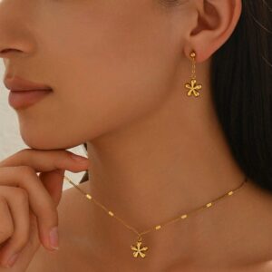 Flower Pendant Necklace Set with Matching Earrings