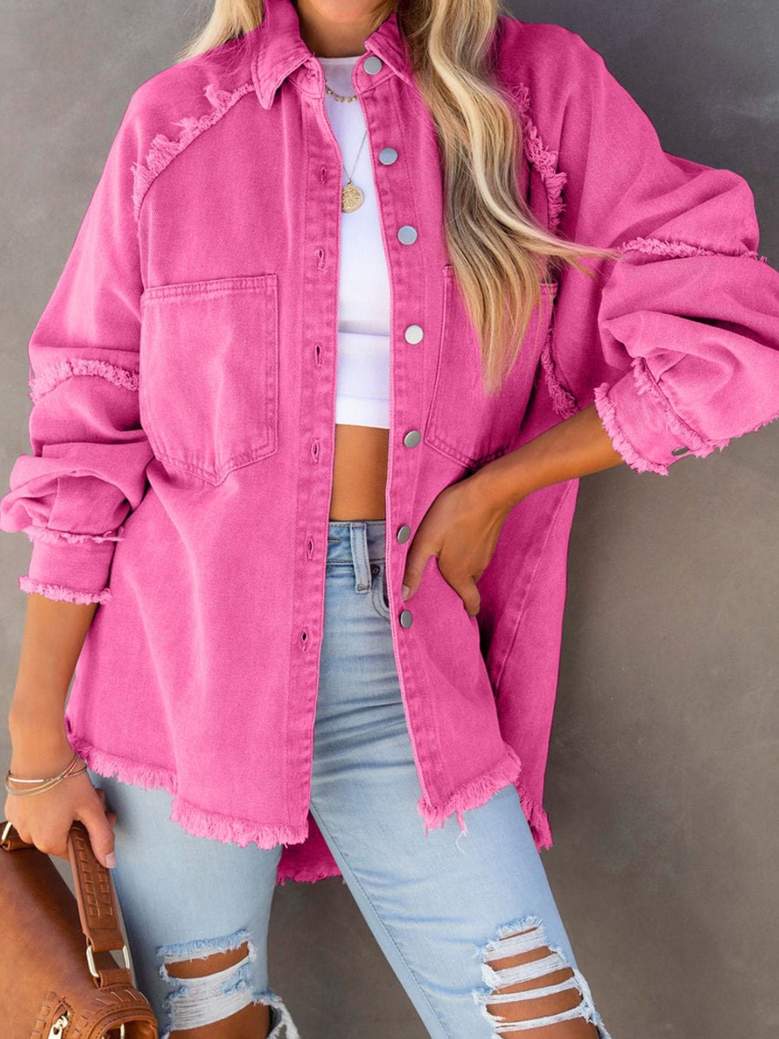 Button Down Denim Jacket with Raw Hem Details - Image 3