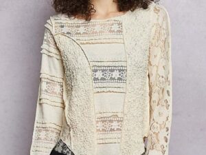 Women's Lace Long Sleeve Top - Elegant Slim-Fit Round Neck Blouse