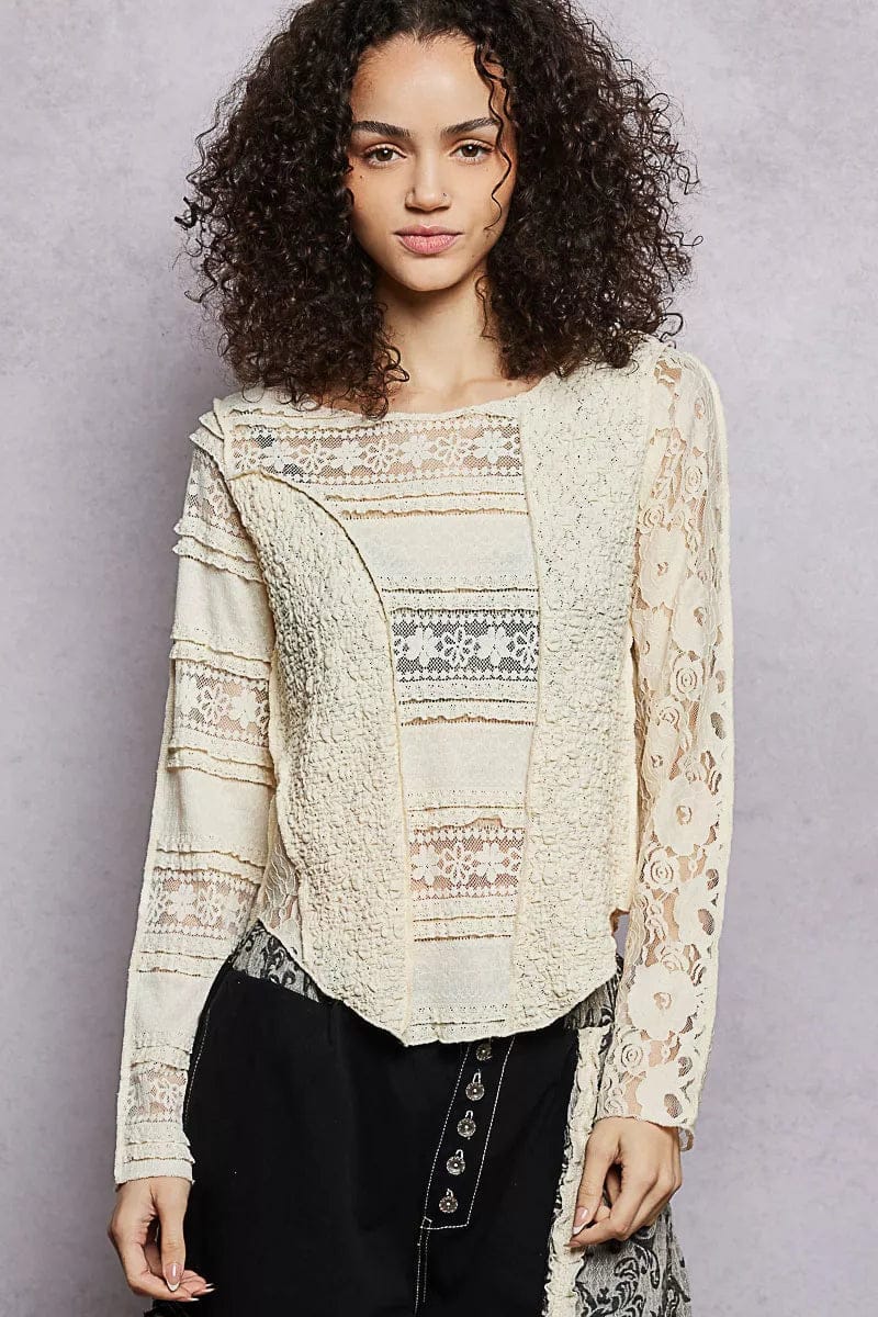 Women's Lace Long Sleeve Top - Elegant Slim-Fit Round Neck Blouse