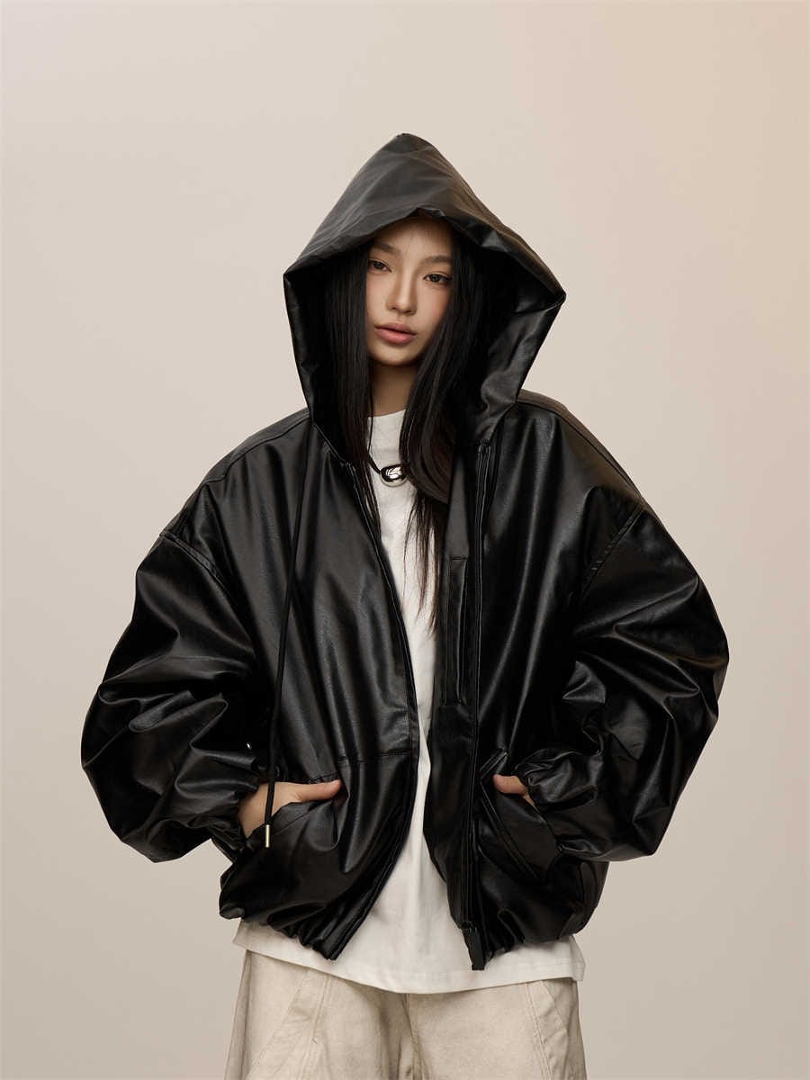 Women's Leather Hooded Coat in Black - Image 3