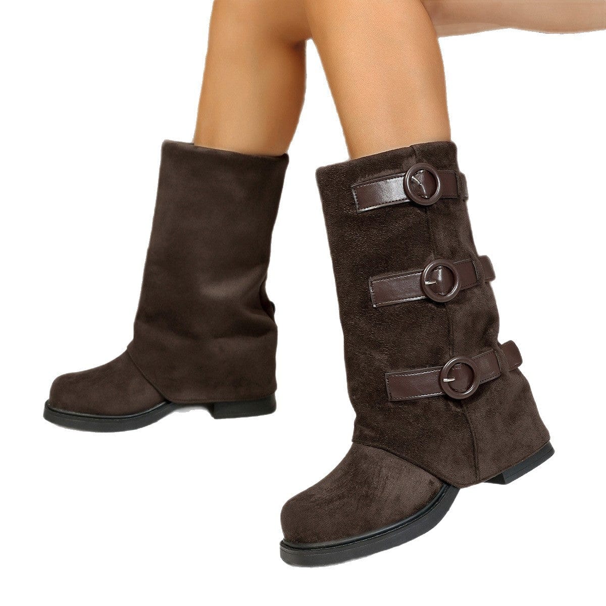 Vintage Suede Belt Buckle Boots for Stylish Elegance - Image 4