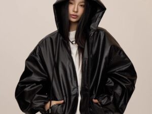 Women's Leather Hooded Coat in Black