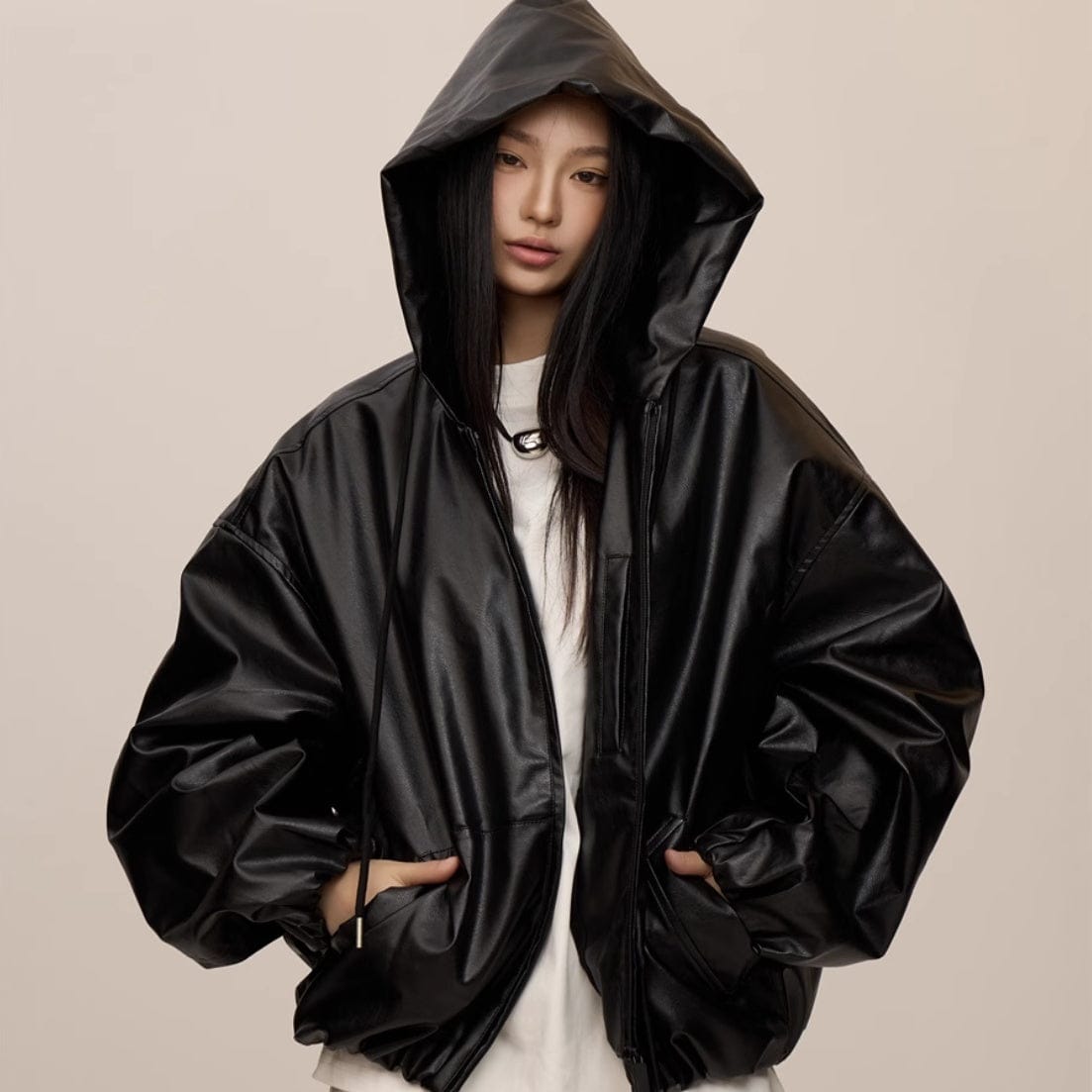 Women's Leather Hooded Coat in Black