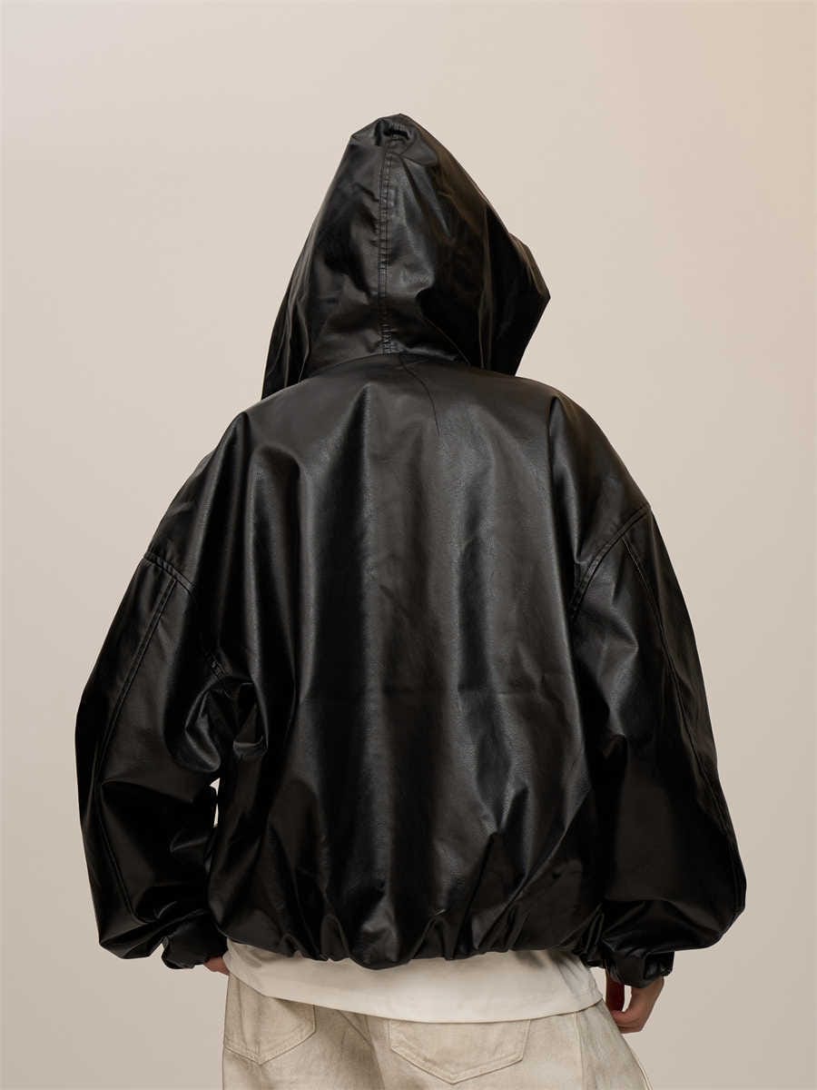 Women's Leather Hooded Coat in Black - Image 4