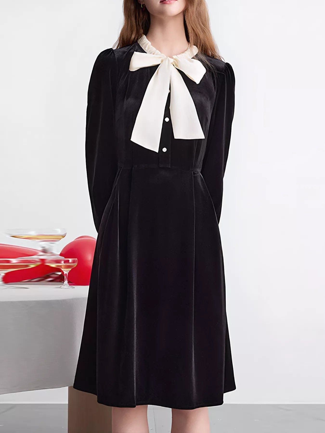 Velvet Bowknot Long Sleeve Dress for Elegant A-Line Style - Image 5