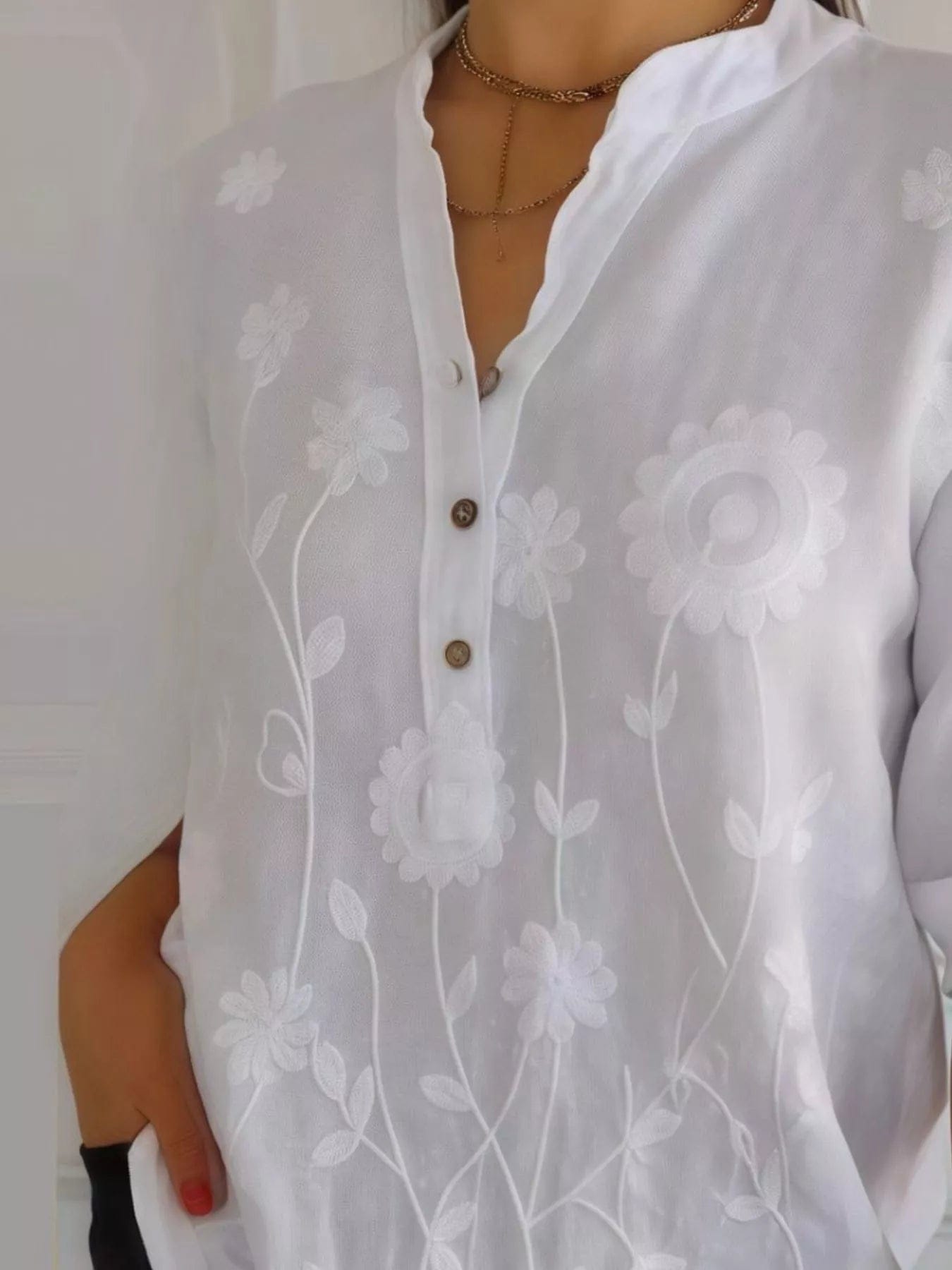 Full Size Plus Size Embroidered Blouse with Floral Button Detail - Image 5