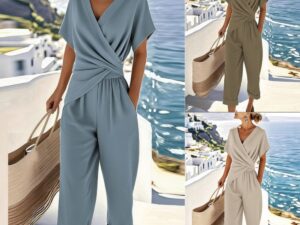Women’s Commuter Two Piece Set – Polyester Top & Cropped Pants Outfit