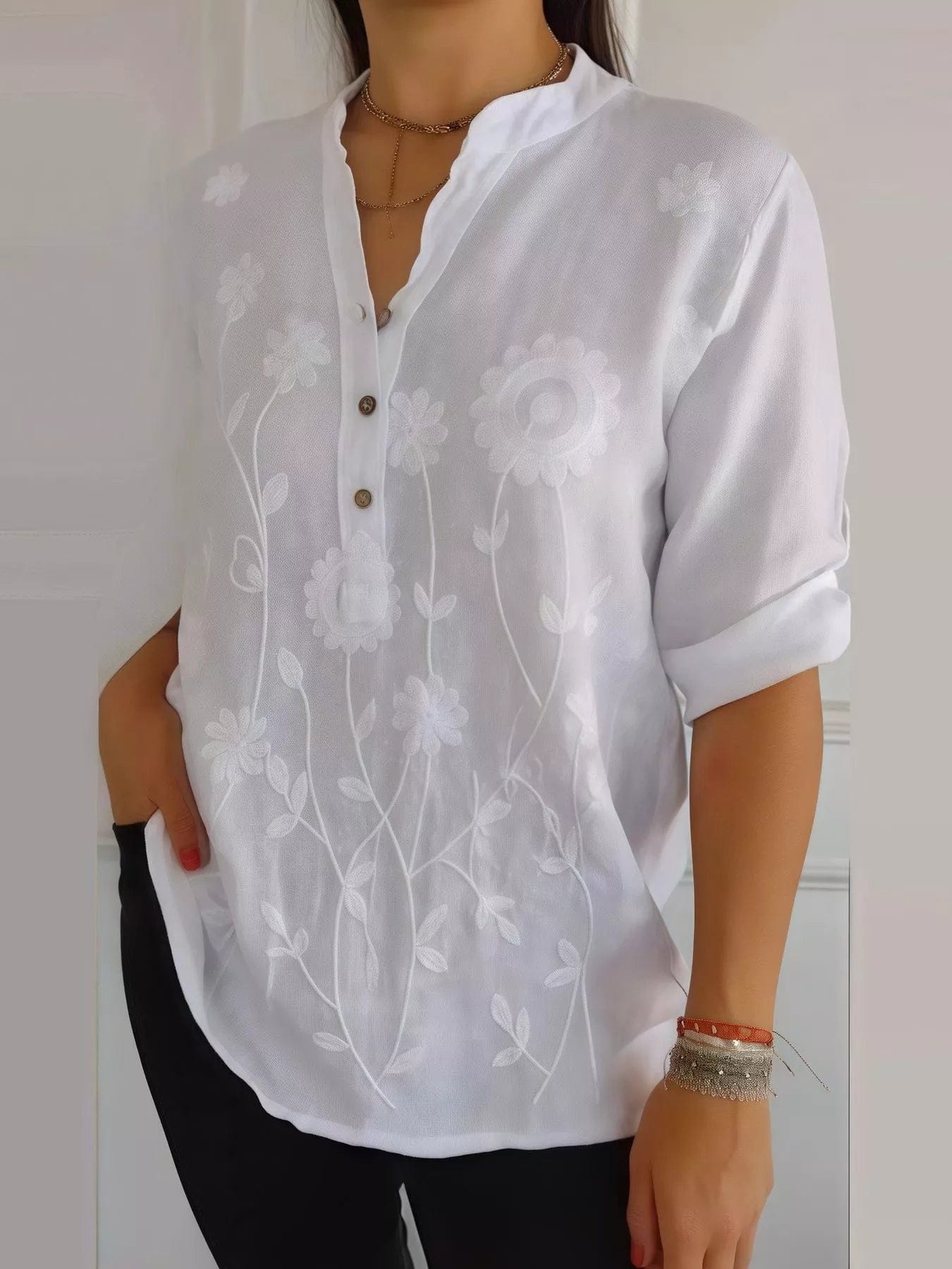 Full Size Plus Size Embroidered Blouse with Floral Button Detail - Image 4