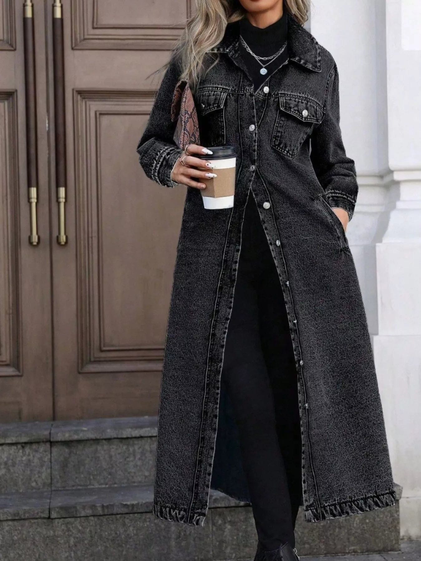 Longline Denim Jacket with Button-Front Design for Stylish Layering - Image 5