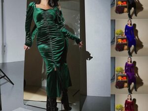 Women's Pleated Long-Sleeved Dress with Slim Fit and Slit