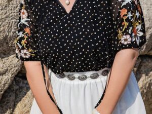 Plus Size Printed Blouse with Tie Neck and Half Sleeves