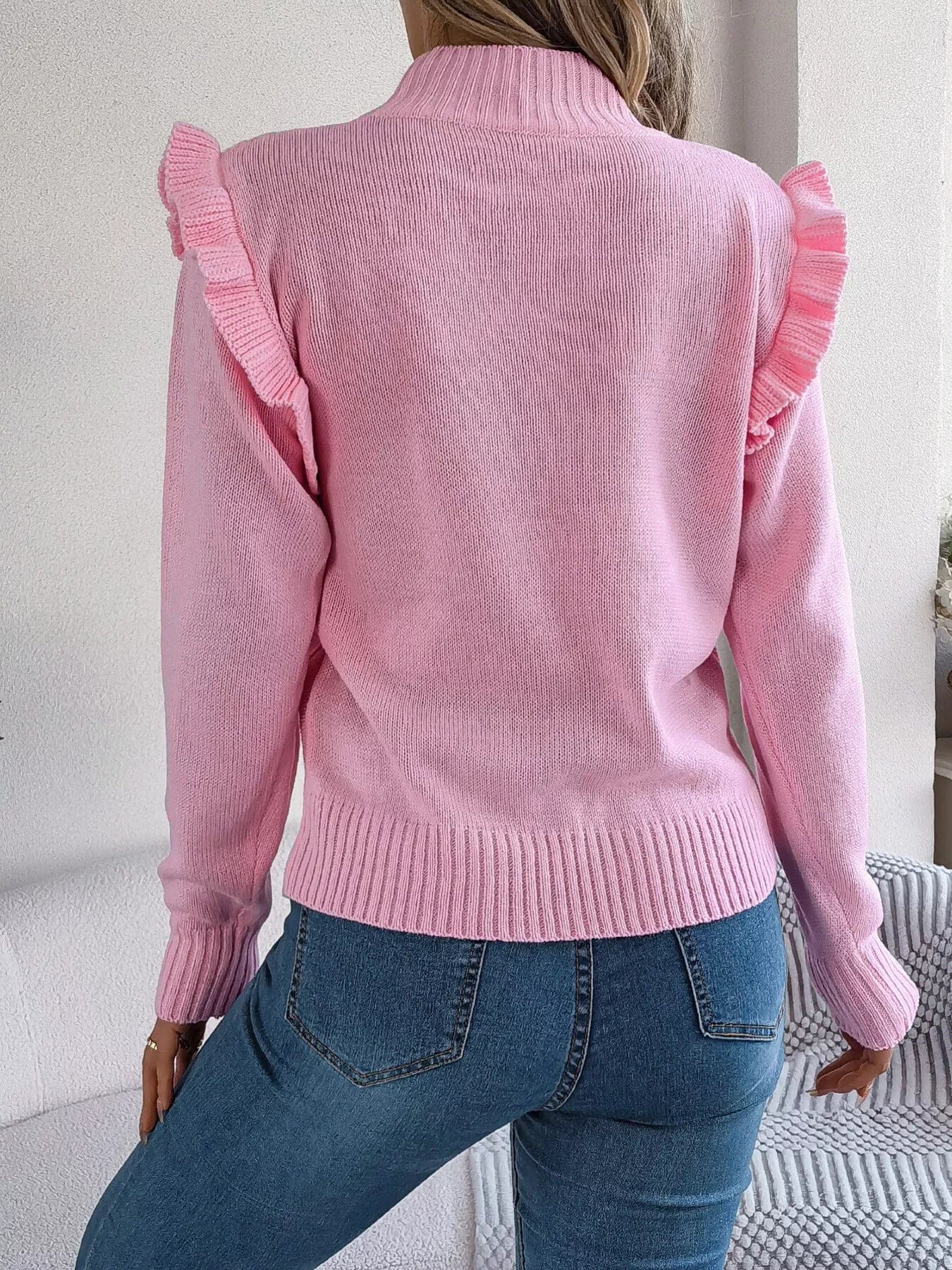 Mock Neck Ruffle Sweater - Long Sleeve Knit Top for Stylish Comfort - Image 4