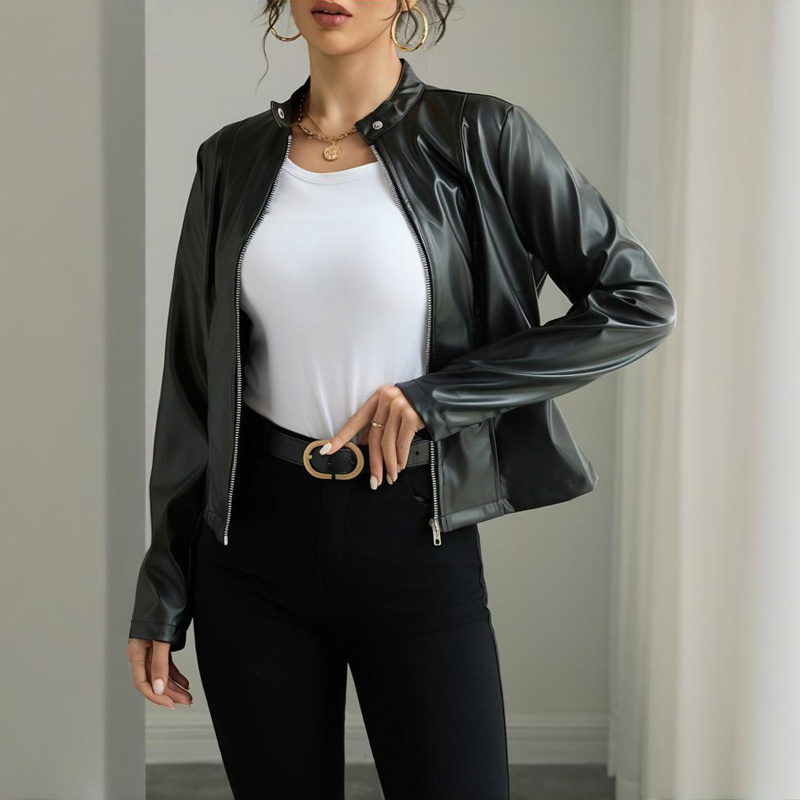 Women's Solid Color Long Sleeve Stand Collar Faux Leather Blazer - Single Button Zippered Jacket For Fall&Winter - Image 2