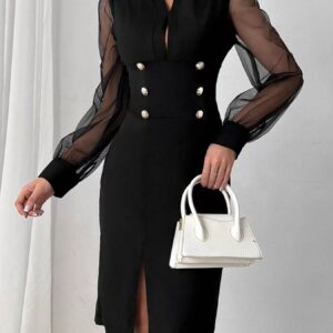 Slit Front Sheer Sleeve Dress