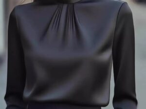 Mock Neck Long Sleeve Blouse with Pleated Detail