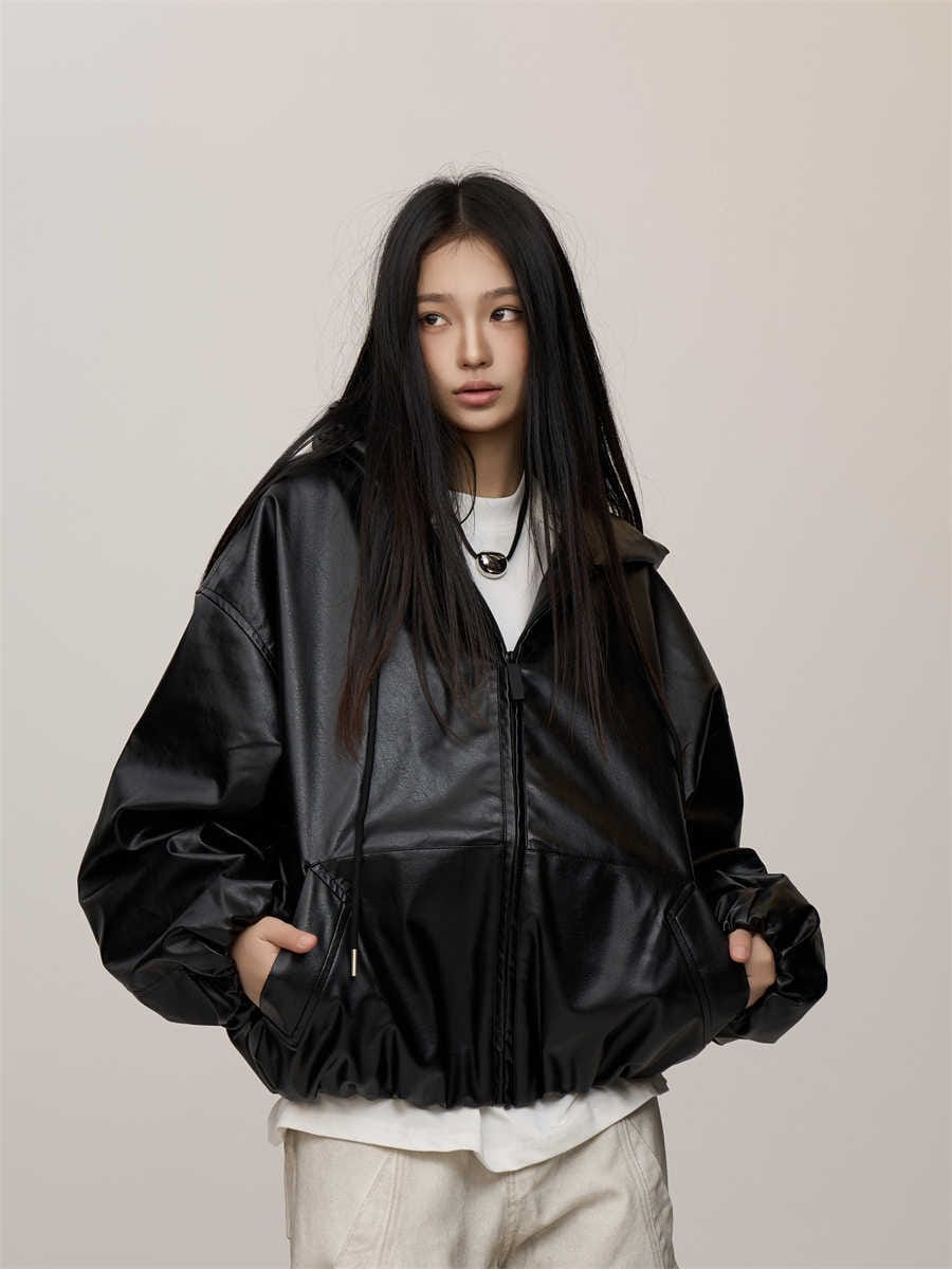 Women's Leather Hooded Coat in Black - Image 2