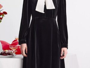 Velvet Bowknot Long Sleeve Dress for Elegant A-Line Style