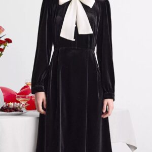 Velvet Bowknot Long Sleeve Dress for Elegant A-Line Style
