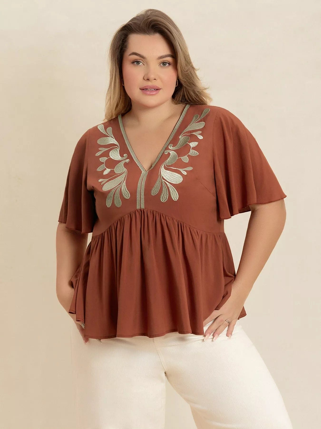 Plus Size Embroidered Blouse with V-Neck and Flutter Sleeves - Image 5