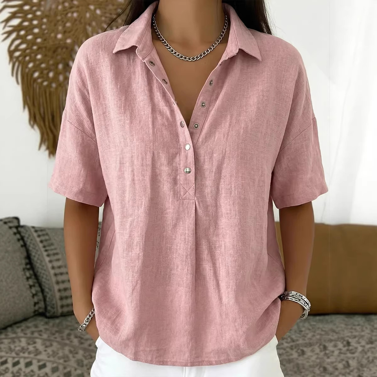 Women’s Elegant Short Sleeve Patchwork Shirt – Solid Color Polyester Blouse - Image 2