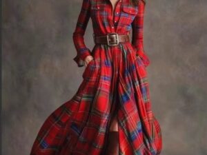 Women’s Plaid Stitching Dress – Mid-Waist Geometric Pattern Style