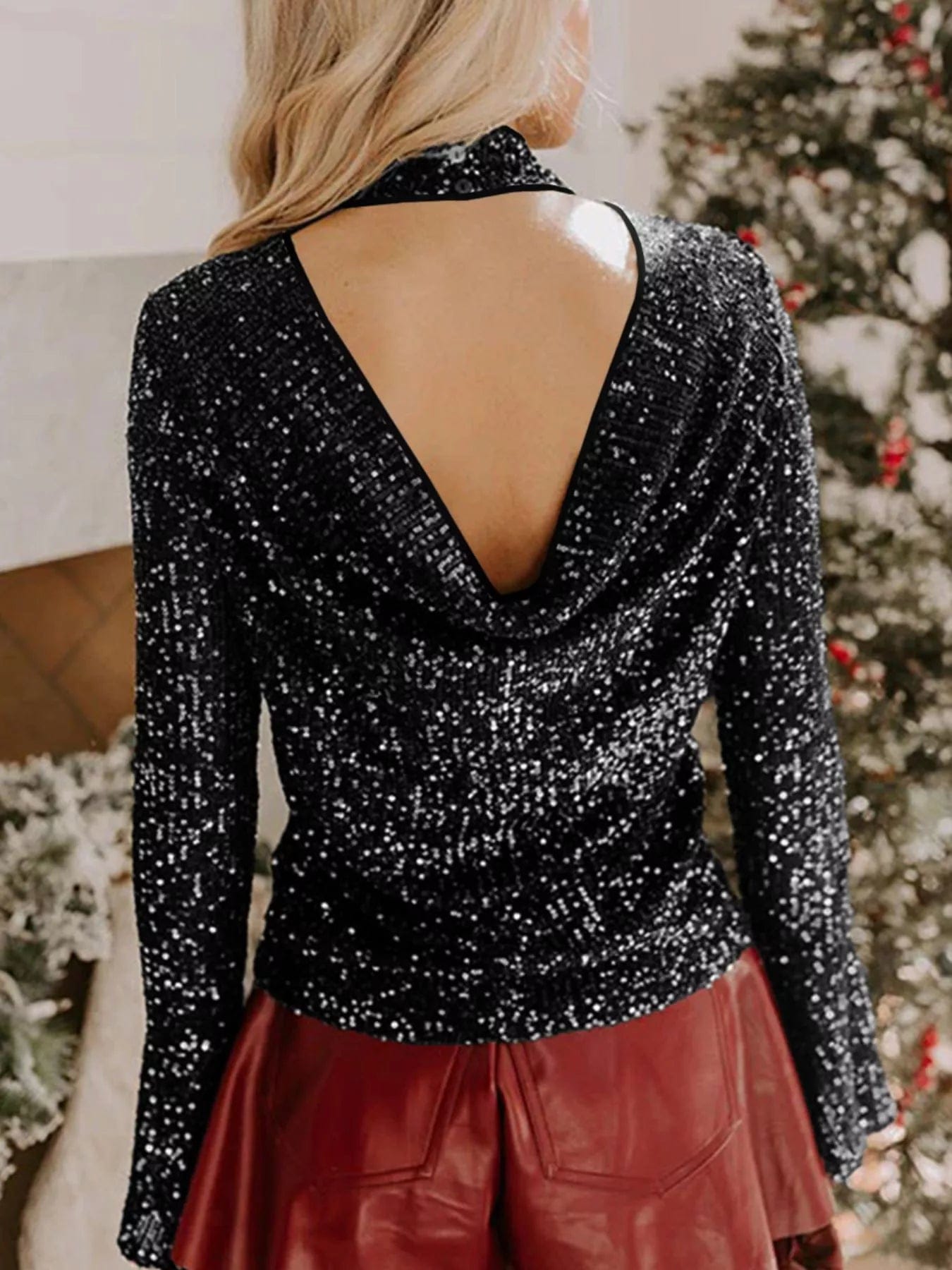 Sequin Open Back Bell Sleeve Top - Image 2