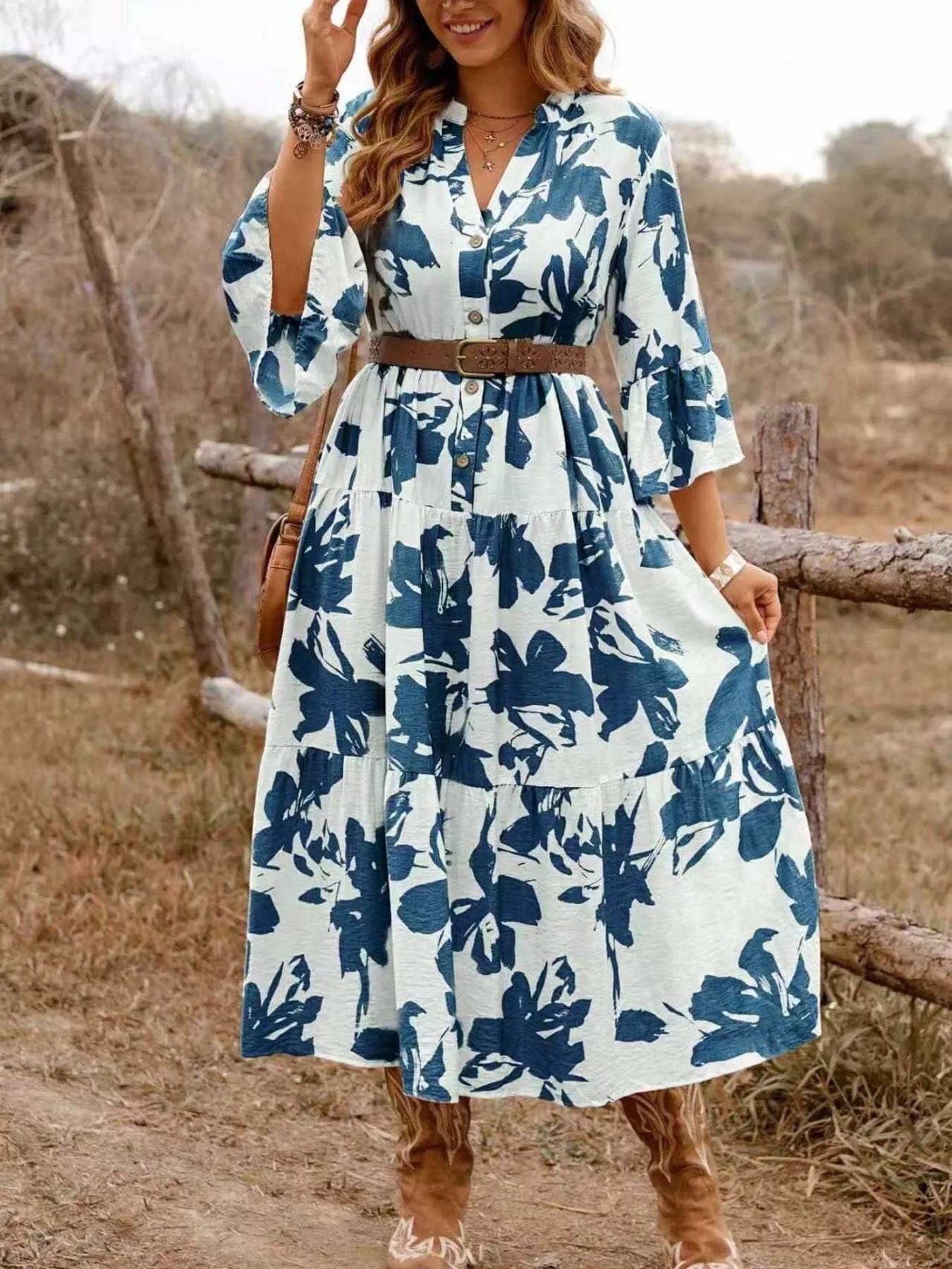 Floral Print Tiered Dress with Button Front Detail - Image 2