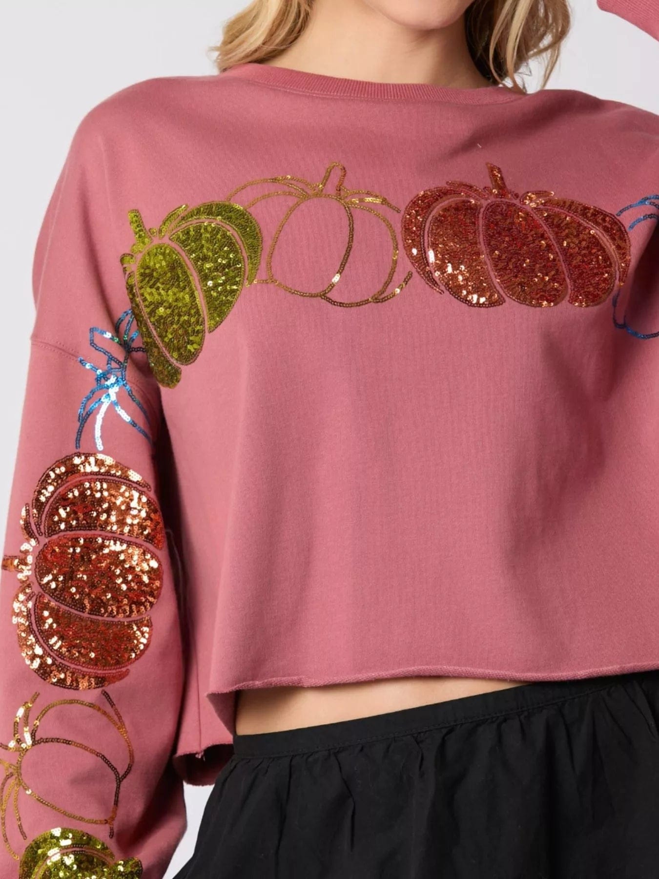Sequined Pumpkin Sweatshirt for Halloween - Cozy Crop Style - Image 2