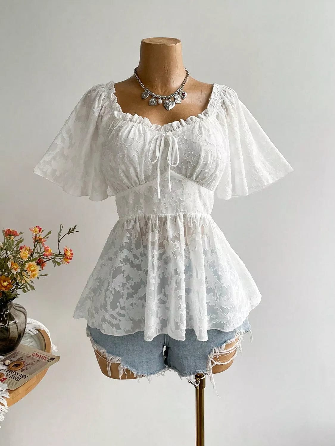 Plus Size Floral Blouse with Flutter Sleeves and Smocked Back - Image 3