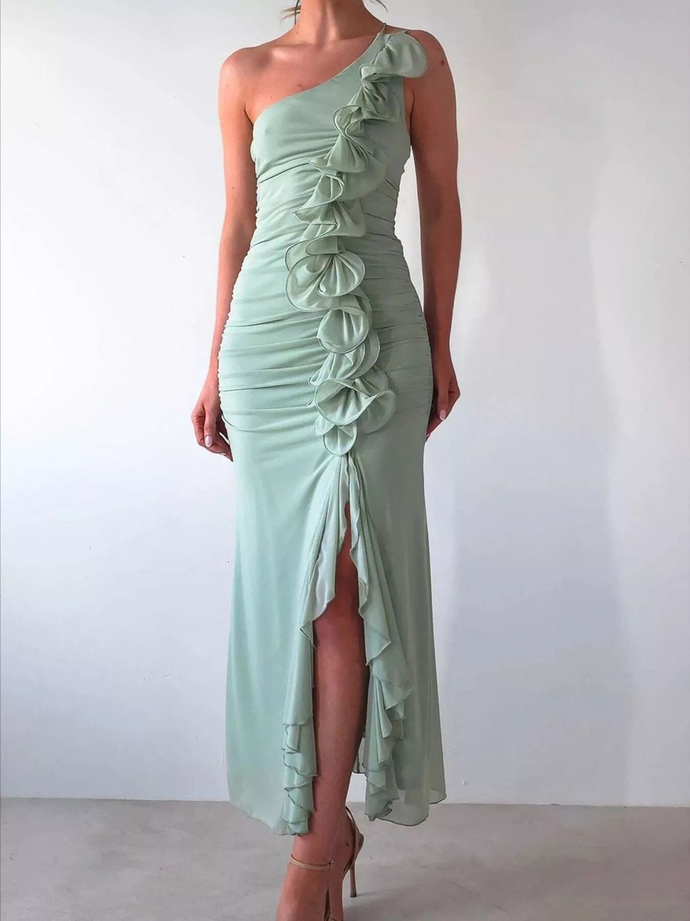 One-Shoulder Ruffle Dress with Slit - Image 3