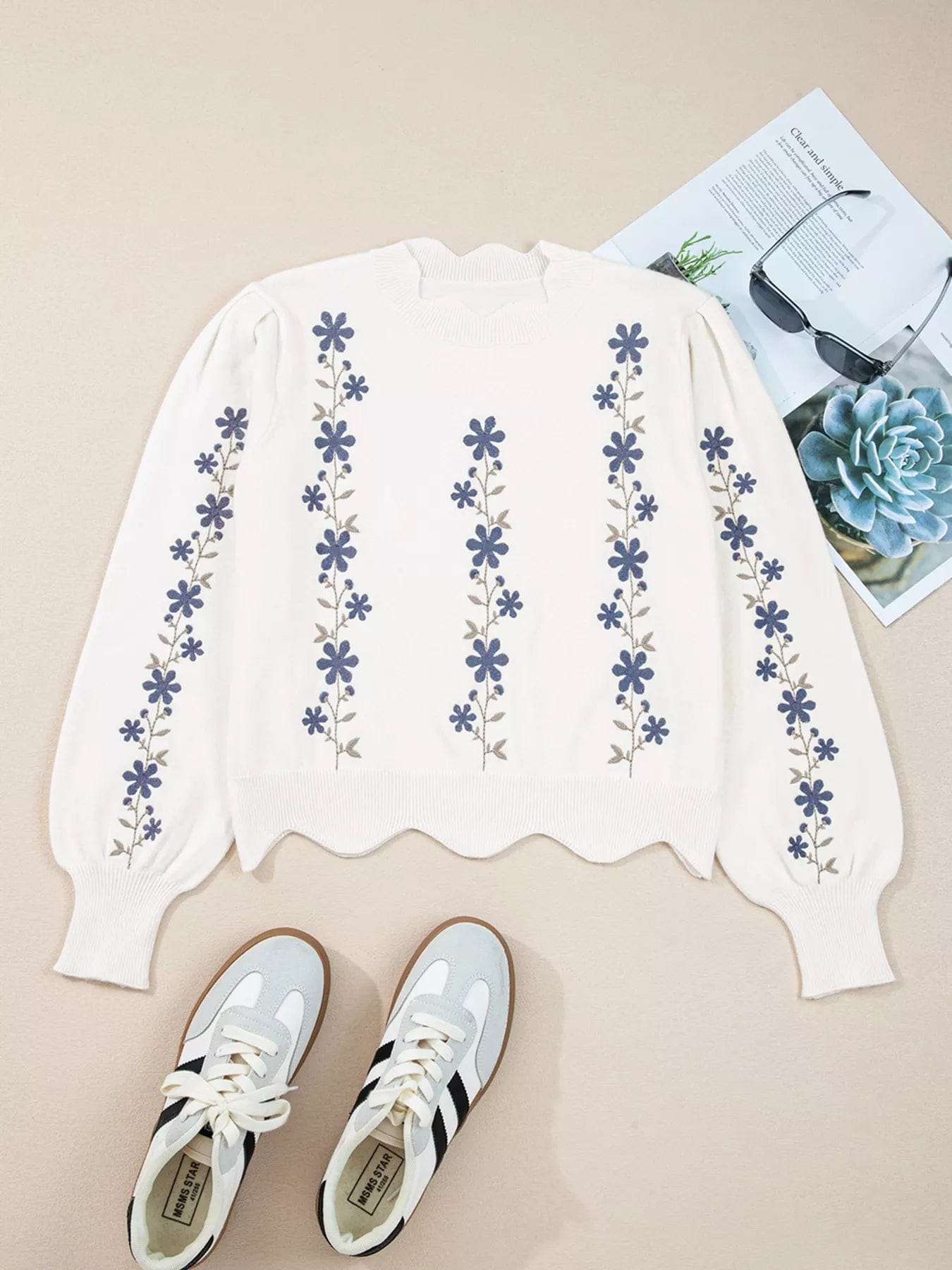 Floral Embroidered Cropped Sweater with Scallop Hem - Image 3
