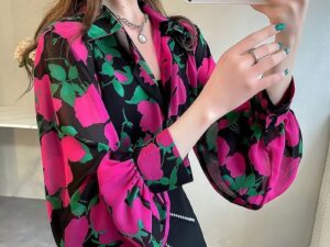 Chiffon Floral Blouse with Lantern Sleeves